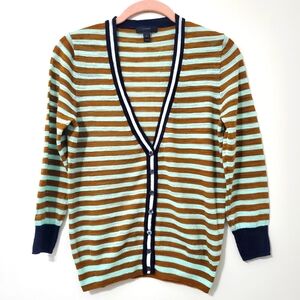 J. Crew Striped V Neck Button Front Cardigan Seafoam Bronze Small
